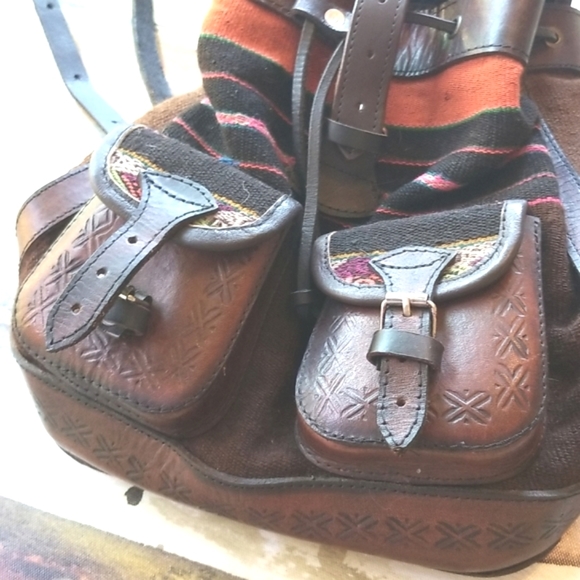 Taos LEATHER Blanket Wool Handcrafted Pockets Buckles Straps Unique BACKPACK EUC - Picture 8 of 16